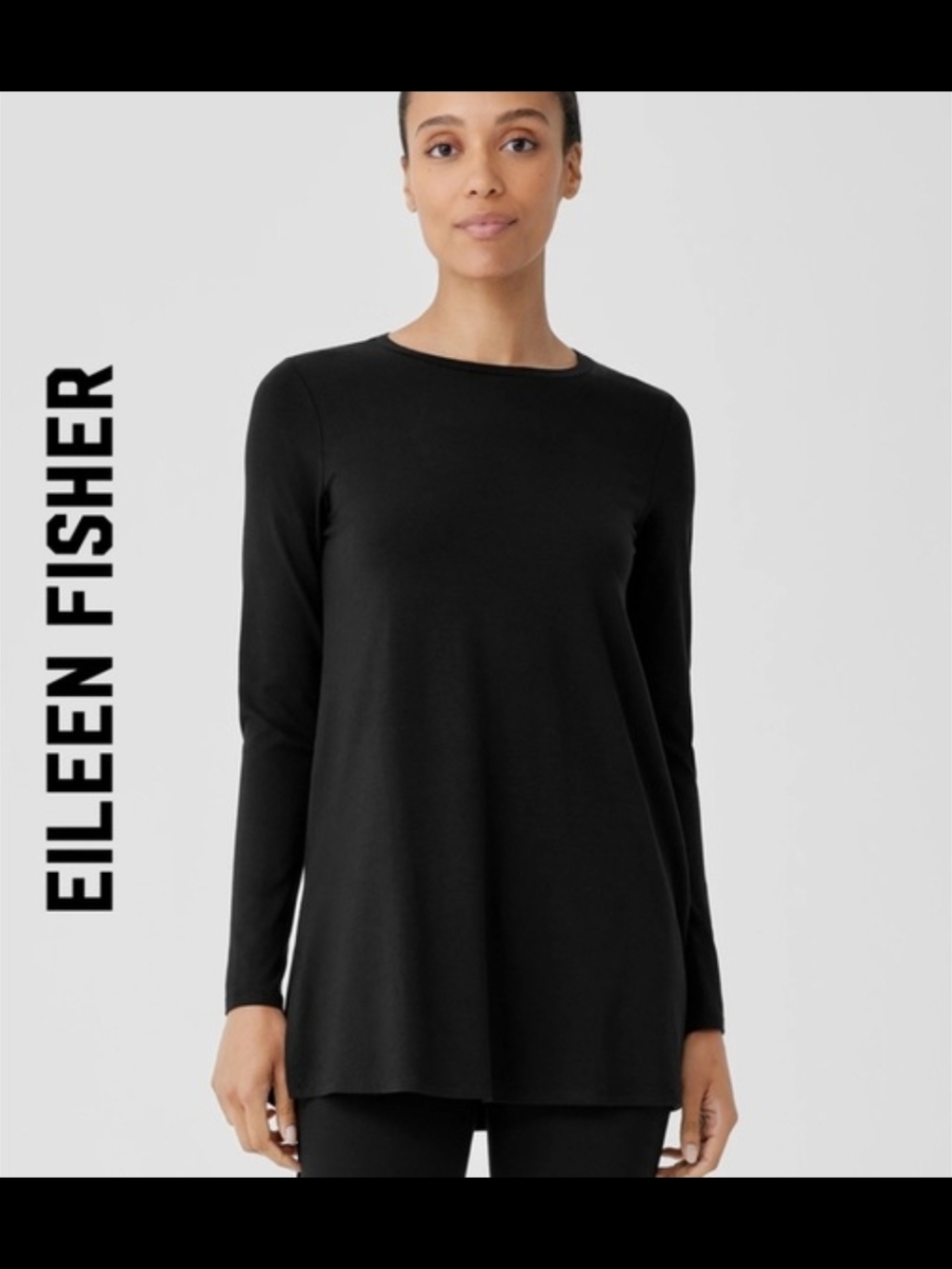 Eileen Fisher Black Tencel Lyocell Stretch Jersey Side Slit Tunic Top XS